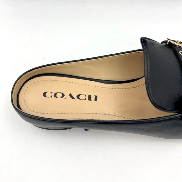 COACH BLACK ALL LEATHER IRENE MULE LOAFER EITH GOLD LOGO & HARDWARE, SIZE 7-B - Picture 12 of 16